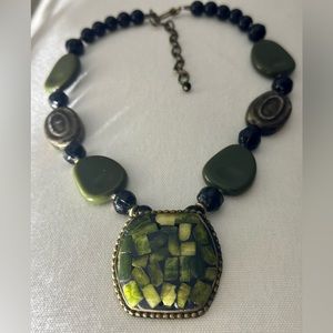 Vintage green tarnished, bronze & black beaded necklace w- statement center